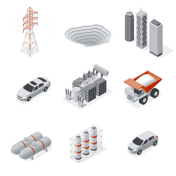 ilustrações de stock, clip art, desenhos animados e ícones de isometric set industry and mining - power line electricity construction fuel and power generation