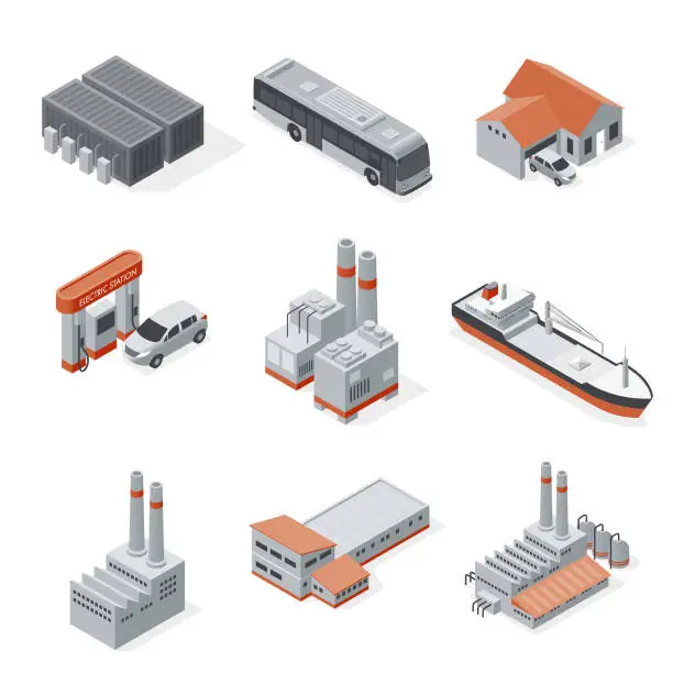 Vector illustration of Isometric set industry elements