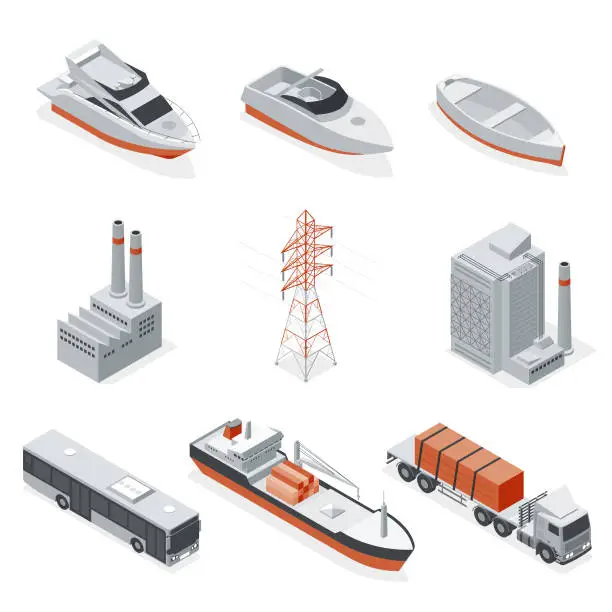 Vector illustration of Isometric set industry and transportation