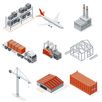 Isometric set industry, transportation, constructions and logistics  elements
