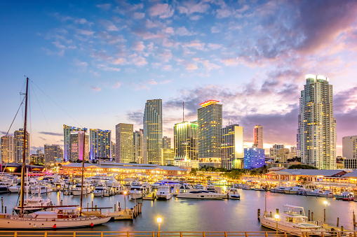 Harbor and the skyline of Miami Florida USA at sunset
