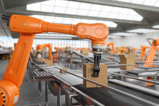 Robots Working On Conveyor Belt In Smart Distrubition Warehouse