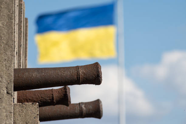 Vintage cannons on the background of the sky."n - fotografia de stock