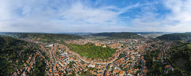 istock Aerial drone panoramic view of Sighisoara, Romania 1365234882