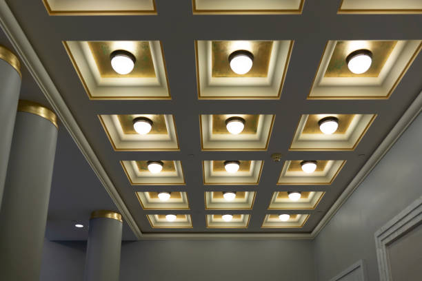 soffitto geometrico con scatole quadrate e lampade rotonde in fila e colonna della sala - led light bulb lighting equipment brightly lit foto e immagini stock