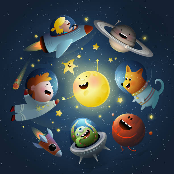 Space and Galaxy Kids Design with Dog Sun and Star Space travel with kids, dog and UFO alien. Baby Cartoon illustration, sun and stars outer space wallpaper for children, fantastic galaxy kids design. Vector wallpaper design in watercolor style. astronaut in outer space stock illustrations