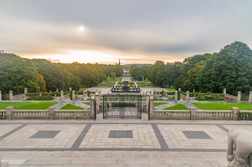 Oslo, Norway - September 24, 2021: Beautiful sunny view on Park Frogner with Vigeland installation.