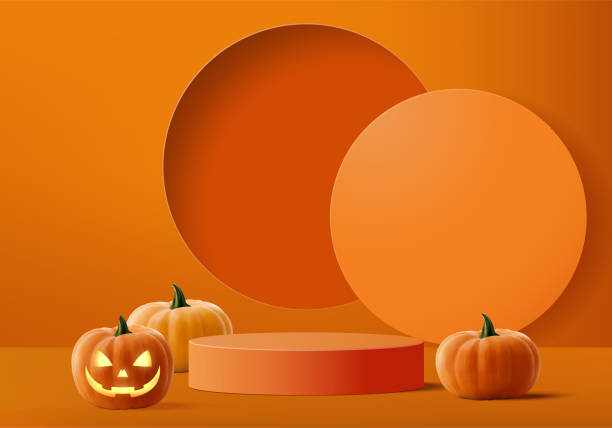 istock Halloween minimal scene 3d with smoke and podium platform. Halloween background vector 3d with pumpkin podium. stand to show products. Stage Showcase on pedestal modern orange pumpkin pastel 1365247423