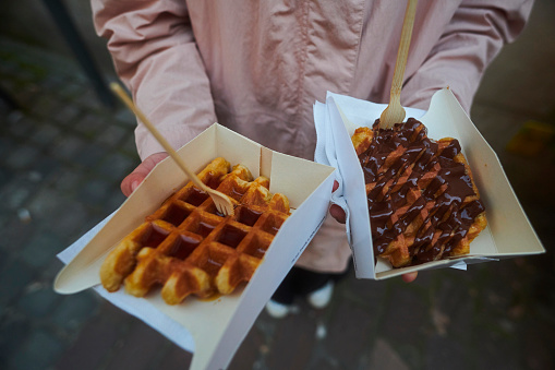 Two fresh waffles in the city centre of Brugge in Bruges, Flanders, Belgium