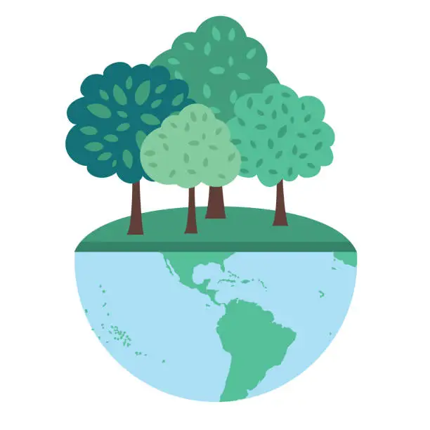Vector illustration of Forest Growing On Half Of The World On A Transparent Background.  Environment Concept