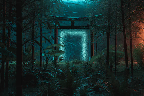 3d rendering of big torii gate surrounded by jungle trees