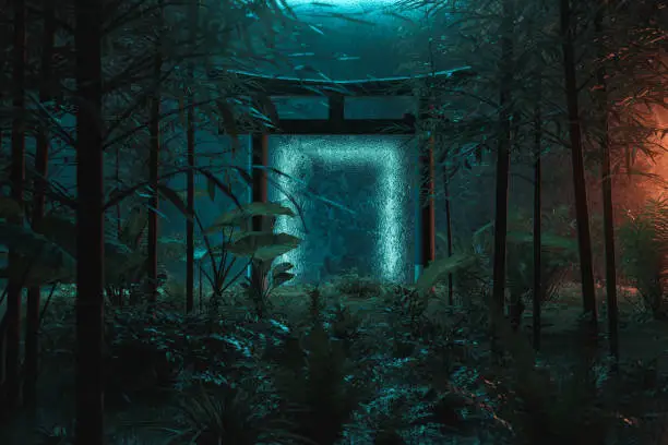 3d rendering of big torii gate surrounded by jungle trees