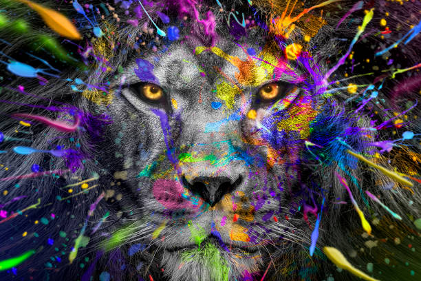 león a todo color, tinta animal de vida silvestre, arte abstracto moderno - leo fotografías e imágenes de stock