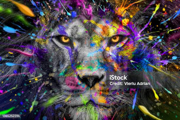 Full Colors Lion Wildlife Animal Ink Modern Abstract Art Stock Photo - Download Image Now