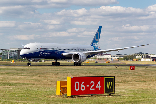 Farnborough, UK - July 16, 2014: Boeing 787-9 Dreamliner commercial airline aircraft N789EX on the runway at Farnborough Airport.