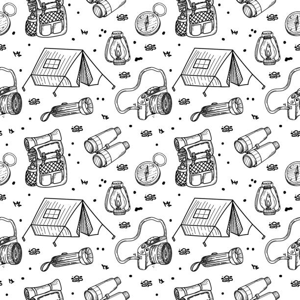 A seamless pattern of hand-drawn doodle-style elements. Illustration for local tourism. Tent, backpack, flashlight, compass, lamp and binoculars. Vector image of hiking on white background. A seamless pattern of hand-drawn doodle-style elements. Illustration for local tourism. Vector image of hiking on white background. hiking backgrounds stock illustrations