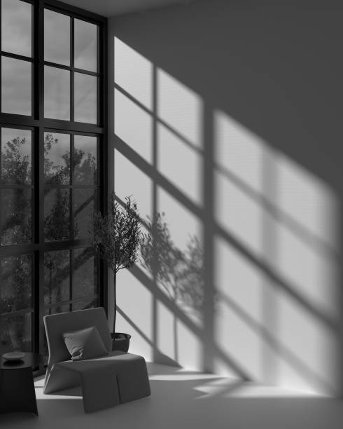 Room with a chair by the windows with sunlight and shadow in Black and White mode.