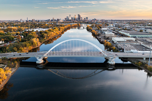 Aerial view of Minneapolis, Minnesota and the Lowry Ave bridge over the Mississippi river