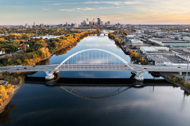 Aerial view of Minneapolis and the Lowry Avenue bridge Aerial view of Minneapolis, Minnesota and the Lowry Ave bridge over the Mississippi river minnesota stock pictures, royalty-free photos & images