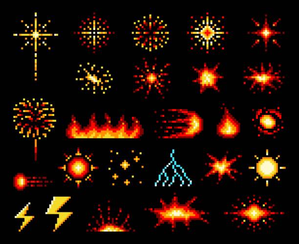 illustrations, cliparts, dessins animés et icônes de flammes de feu de pixels 8 bits, explosion et boules de feu - computer crime flash