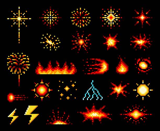 8-битное пиксельное пламя, взрыв и огненные шары - leisure games flash stock illustrations
