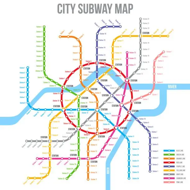 Vector illustration of Subway, metro or underground map with stations