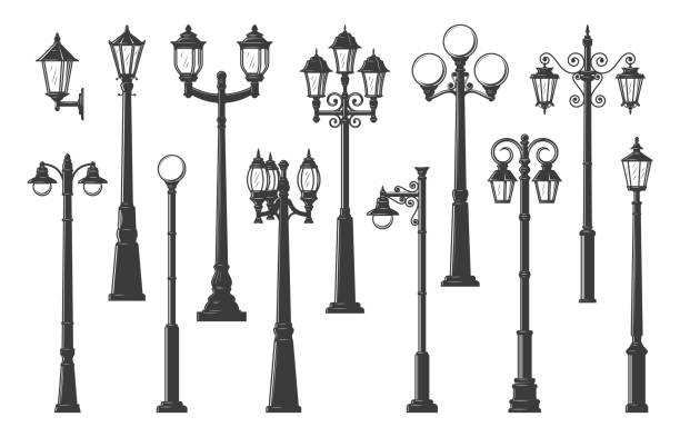 isolierte straßenlaternen, straßenlaternen und laternenpfähle - street light stock-grafiken, -clipart, -cartoons und -symbole