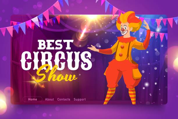 ilustraciones, imágenes clip art, dibujos animados e iconos de stock de shapito circus cartoon clown, página de inicio del sitio web - curtain red color image clown