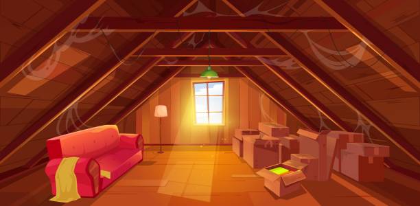 Attic interior, cartoon loft or garret room Attic interior, cartoon loft, garret and cockloft room. House attic or mansard room with window, wood roof and floor with spider web, dirty cardboard boxes, old sofa and lamps interior of old house garret stock illustrations