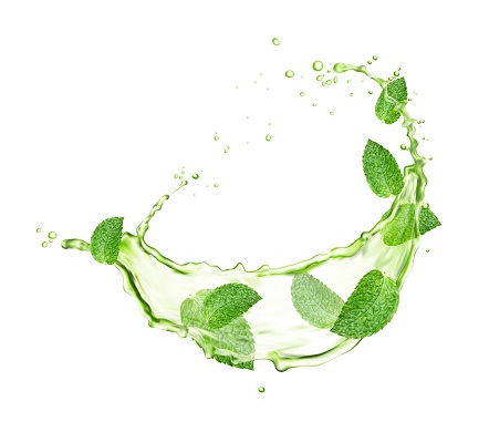 Green herbal tea swirl splash with mint leaves and drops. Menthol, peppermint or matcha realistic vector drink swirl or ripple wave with bubbles and falling splatters, isolated on white