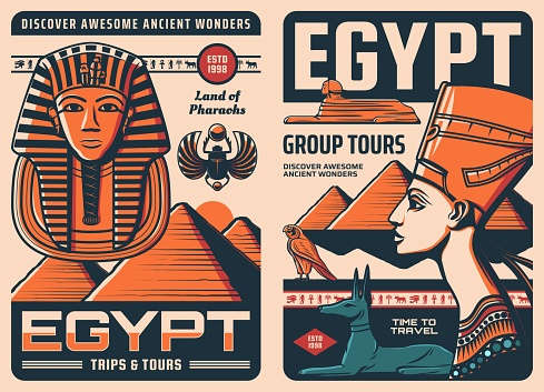 Ancient Egypt travel retro posters, pharaoh and pyramids landmarks, vector. Ancient Egypt Cairo sightseeing tours, Egyptian Sphinx wonder and history of Nefertiti and Tutankhamen pharaoh pyramid