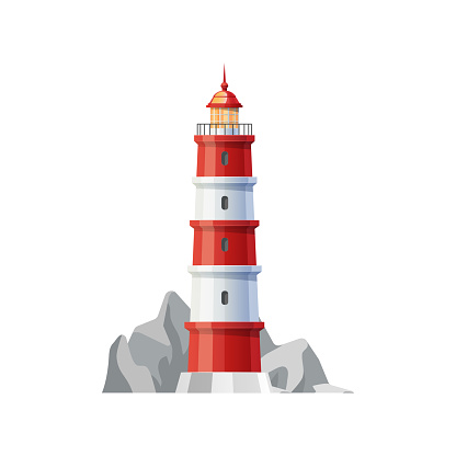 Sea lighthouse on rocky coast or shore icon. Lighthouse painted in red and white stripes on ocean shore with rocks. Sailing safety light, cartoon vector old navigational or port building with lantern