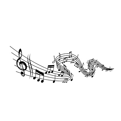 Music wave with staff, treble clef and notes symbols. Music melody, sound or song flow monochrome vector background. Classic music harmony, concert and composer notations backdrop