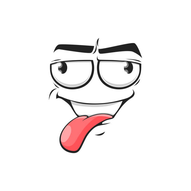 Cartoon face show pink tongue, teasing expression Cartoon face show pink tongue, vector teasing facial expression, funny emoji. Naughty comic character emotion fooling isolated on white background awful taste stock illustrations