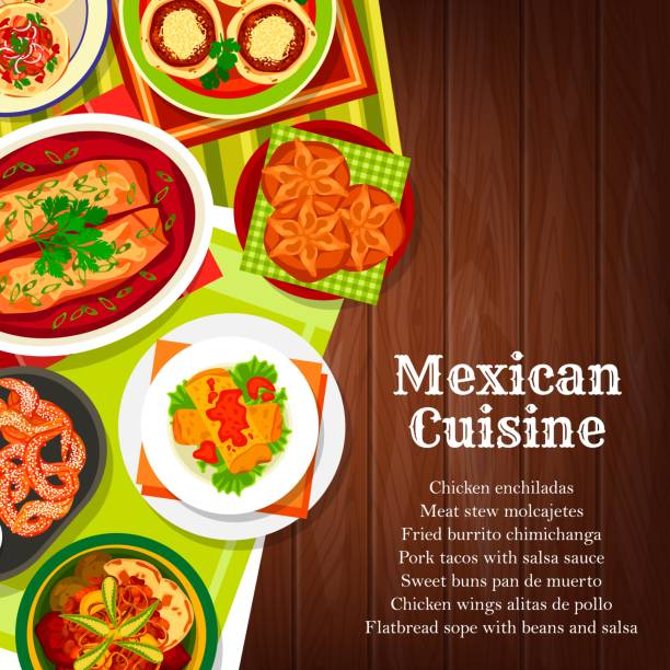 ilustrações de stock, clip art, desenhos animados e ícones de mexican food, cuisine of mexico, dinner dishes and spicy salsa, vector - pepper chili pepper frame food