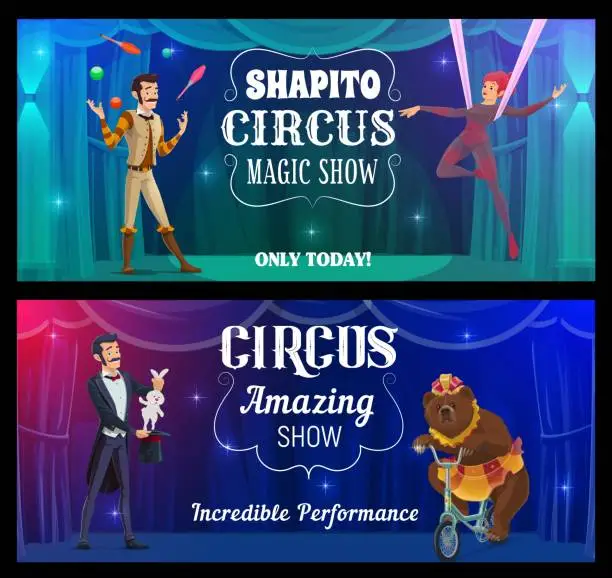 Vector illustration of Shapito circus cartoon juggler, magician, acrobat