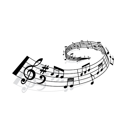 Music wave of notes stave icon for concert or symphonic orchestra, vector. Classic music or philharmonic concert melody notes wave with clef, treble and bass notes, live musical festival