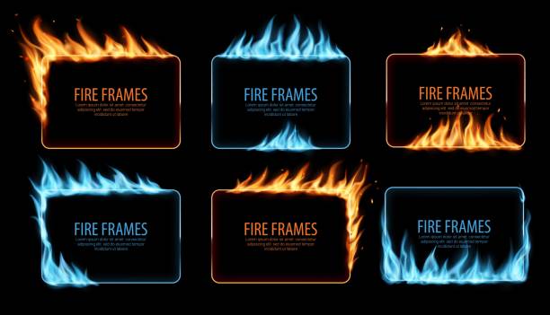ilustraciones, imágenes clip art, dibujos animados e iconos de stock de marcos de llamas que queman gas e incendio, conjunto vectorial - blue flame natural gas fireplace