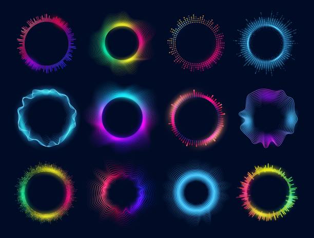 Neon circles of sound wave, audio equalizer Neon circles of sound wave and audio equalizer, vector round glow of music and voice assistant. Voice recognition app soundwave signs, digital communication and soundwave virtual controls led equalizer stock illustrations