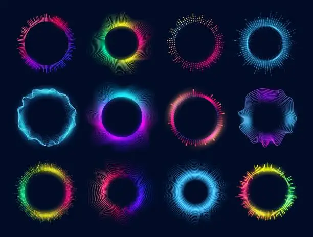 Vector illustration of Neon circles of sound wave, audio equalizer