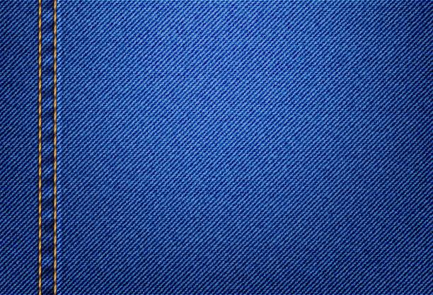 Jeans denim texture pattern, apparel background Jeans denim texture pattern background, vector blue apparel fabric closeup pattern. Cloth of jeans cotton or denim canvas material with yellow thread stitches on pants of jacket pocket, textile jeans stock illustrations