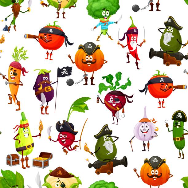 ilustrações, clipart, desenhos animados e ícones de padrão de capitão de desenho animado e piratas marinheiro - zucchini vegetable food food and drink