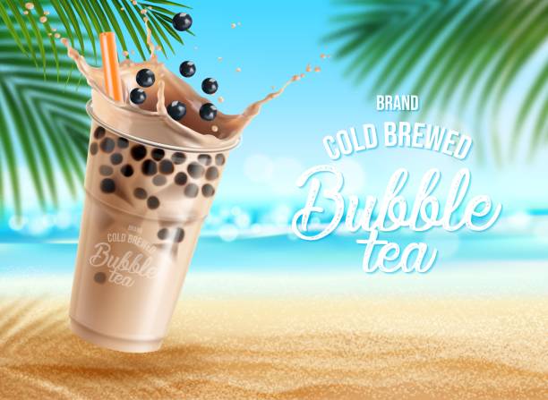 illustrations, cliparts, dessins animés et icônes de thé au lait à bulles au chocolat sur la plage d’été - at the beach