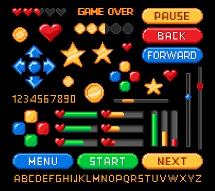 Pixel art 8bit game interface, retro buttons and loading bars, rating and health vector icons. 8 bit pixel game asset for video arcade UI and menu with levels arrows, pause and start buttons