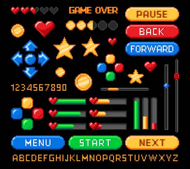 Pixel art 8bit game interface, retro buttons, bars Pixel art 8bit game interface, retro buttons and loading bars, rating and health vector icons. 8 bit pixel game asset for video arcade UI and menu with levels arrows, pause and start buttons leisure games stock illustrations