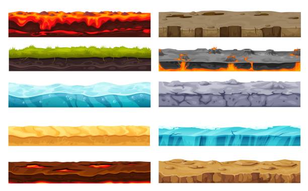 ilustrações, clipart, desenhos animados e ícones de camada do solo, paisagem de superfície de nível de jogo - volcanic stone