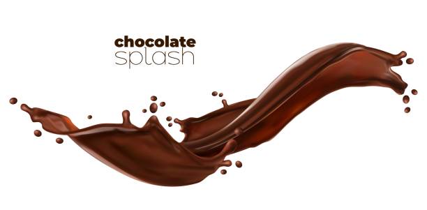 Chocolate or cocoa milk wave with flow splash Chocolate or cocoa milk wave with flow splash. Vector isolated dessert drink with drops. Realistic choco stream or long wave splash of milky chocolate sweet syrup with spill splatter milk chocolate stock illustrations