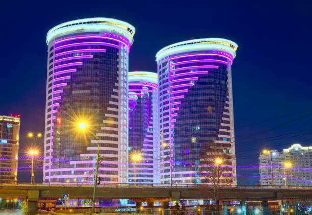 Novosibirsk. Siberia, Russia, 01.09.2022. Modern residential complex in the center of a big city in the night lights