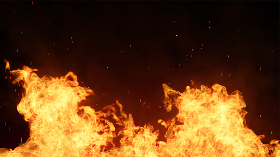 Fuego 3D y brasas ardientes brillando. Partículas brillantes de fuego sobre fondo negro photo