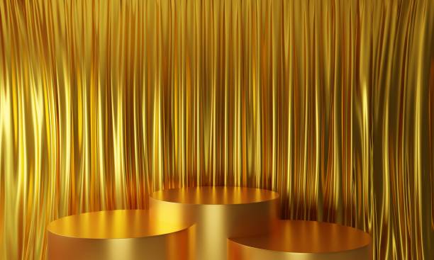 istock 3 golden podium with gold curtain in the studio room.3d rendering. 1365274685